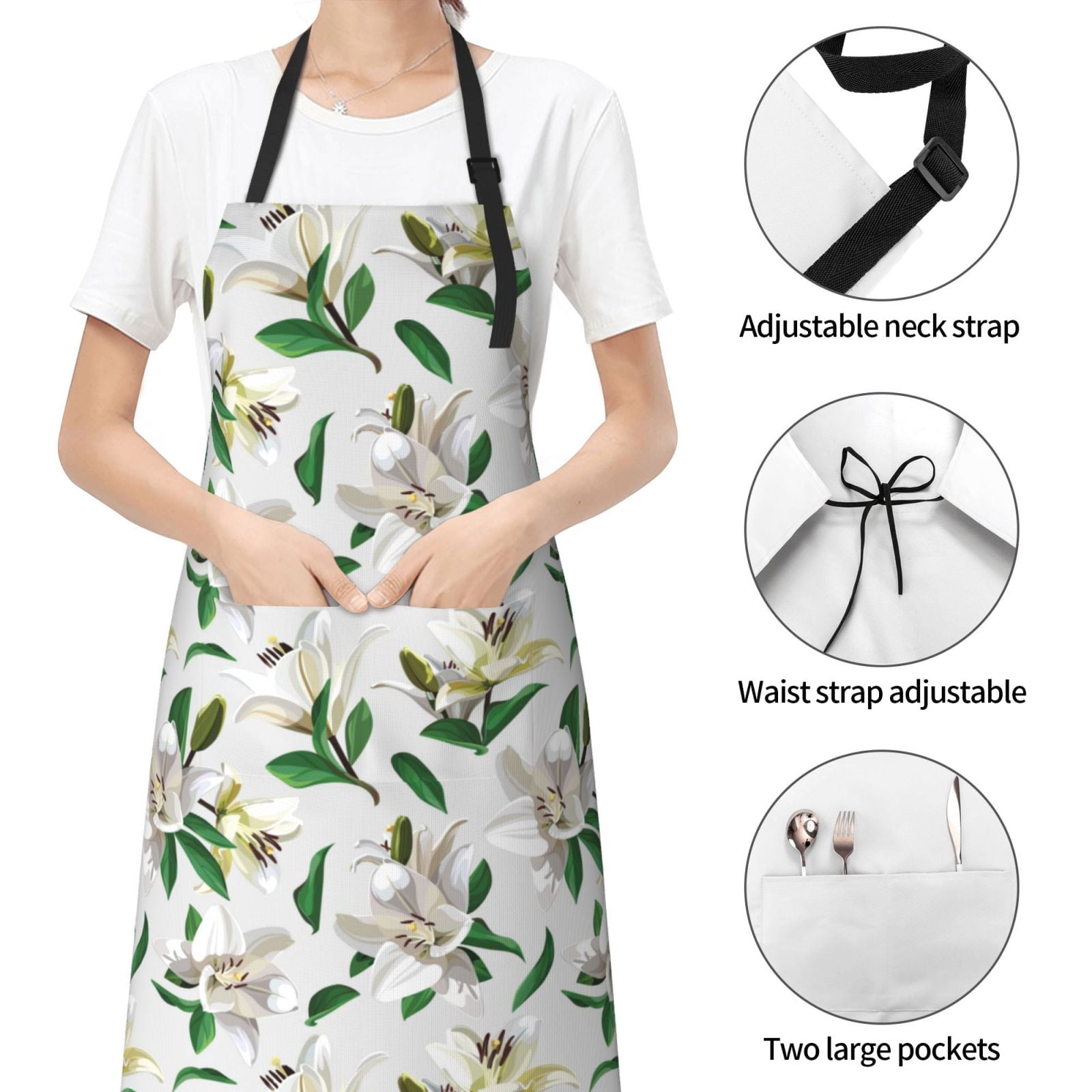Kdxio Lilies Flowers Apron with Pockets Adjustable Kitchen Aprons for Men Women Waterproof Aprons for Cooking,Drawing,Crafting, Baking Household Cleaning