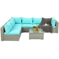 thumbnail image 4 of 7 Piece Outdoor Deck Furniture Sets with 6 Rattan Wicker Chairs, Coffee Table, All-Weather Patio Conversation Set with Blue Cushions for Backyard, Porch, Garden, Poolside, LLL1296, 4 of 8