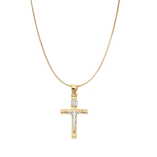 Precious Stars 14K Two-Tone Solid Gold Crucifix Religious Unisex Pendant with 18" Chain Necklace