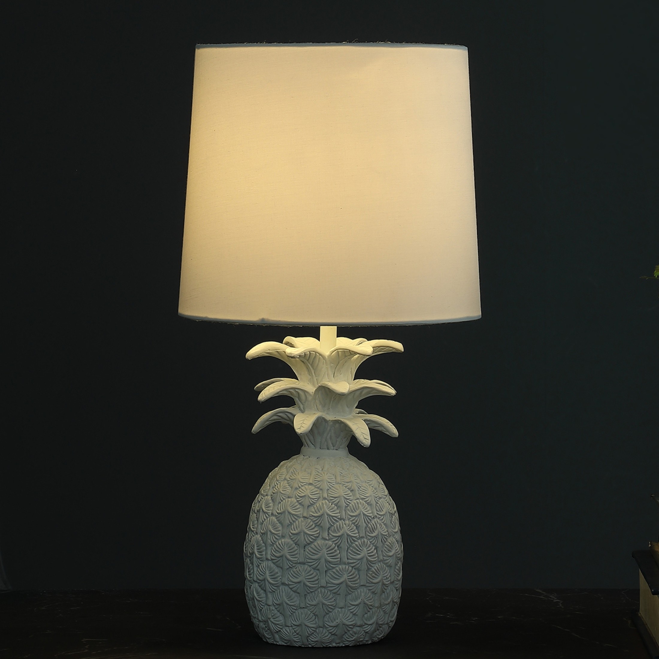 Noble House 17" Coastal Pineapple Table Lamp, Cottage Polyresin Base, White Drum Shade, E26 Light Bulb, White