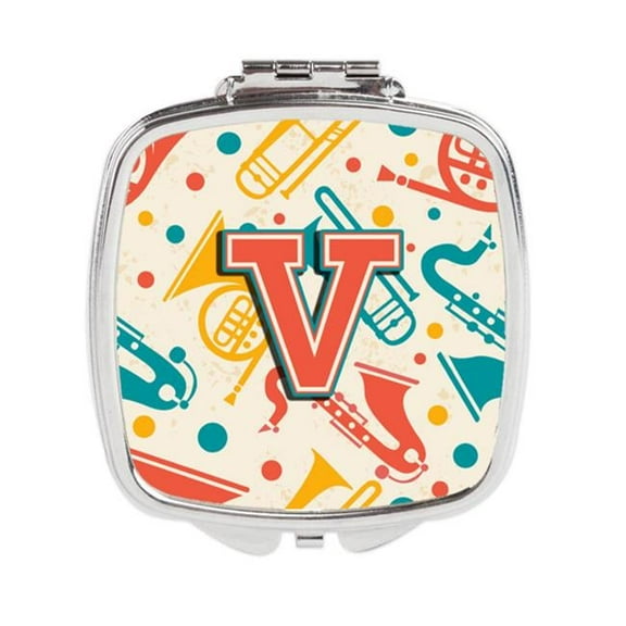 Letter V Retro Teal Orange Musical Instruments Initial Compact Mirror