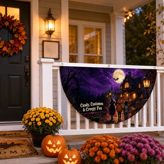 Halloween Fan Flag Banner, 3 x 6 FT Fan Halloween Bunting Flag Grommets, Fall Outdoor Bunting for Halloween Indoor Outdoor House Holiday Yard Decorations Party