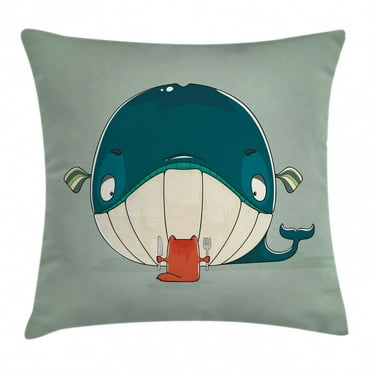 Whale Throw Pillow Cushion Cover, Greedy Little Cat Sitting down to Dine on A Huge Fish Dinner of Whale Cartoon, Decorative Square Accent Pillow Case, 18 X 18 Inches, Almond Green Teal, by Ambesonne