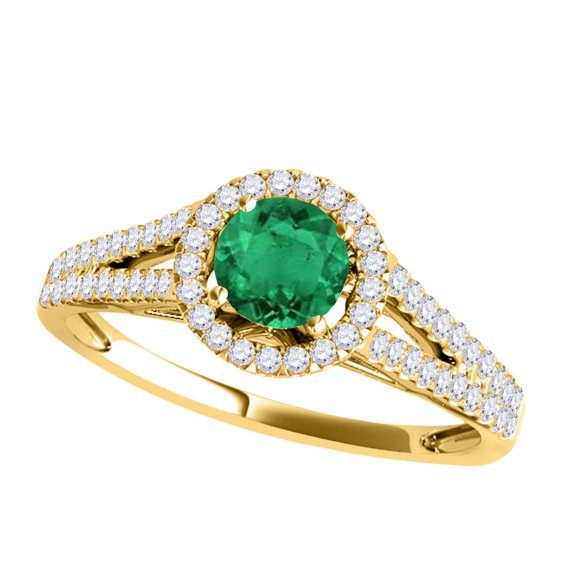 Aonejewelry 1.15 Ct. Ttw Split Shank Diamond and Emerald Ring In 14k Yellow Gold