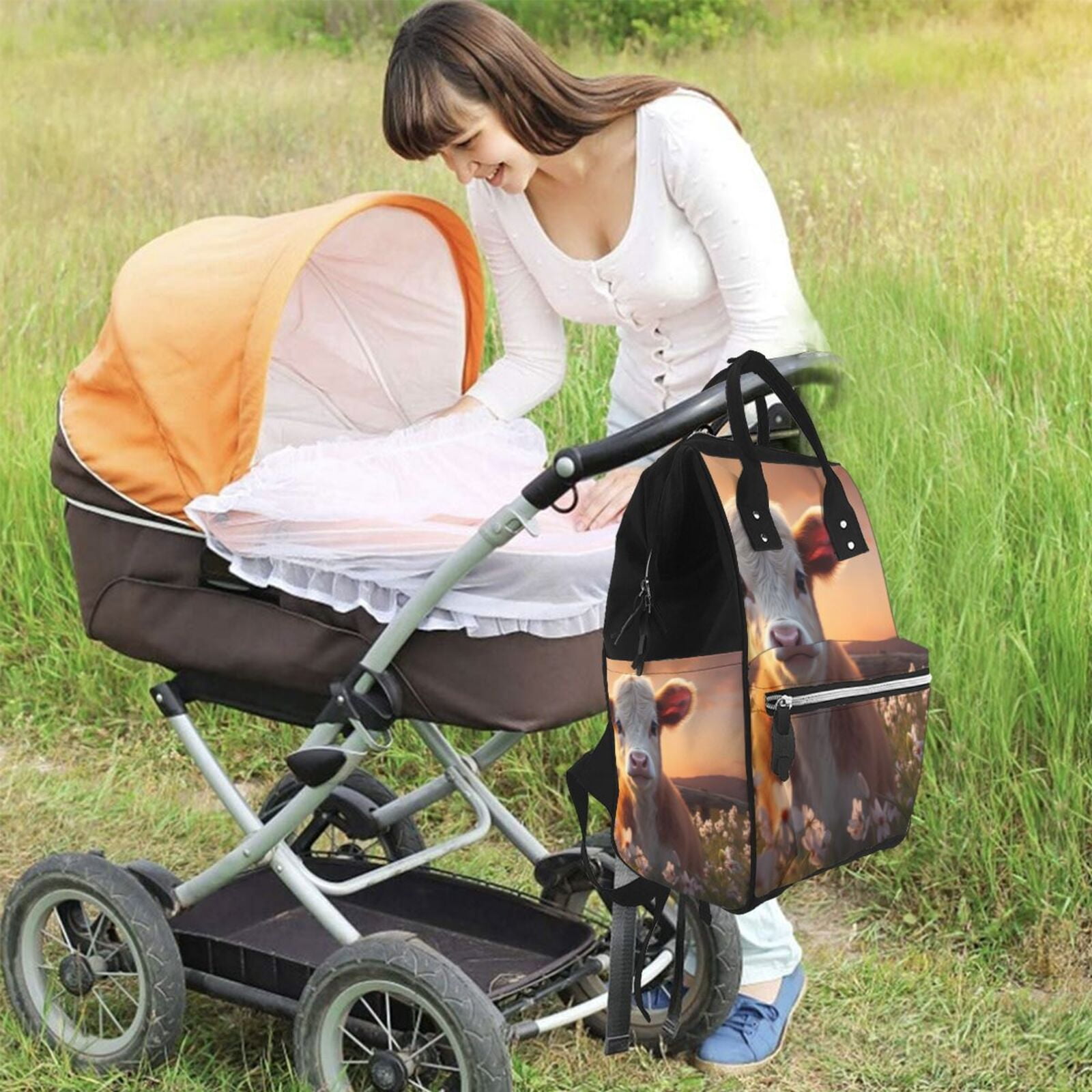 Fuzoiu Sunset Calf Flower Field Print Diaper Bag Backpack,Baby Essentials Travel Tote,Multi function Waterproof Diaper Bag, Travel Essentials Baby Bag - Unisex