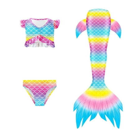 Hwmodou Kids Teen Swimsuit Girl 3 Piece Fish Scale Print Bathing Suits Bikini Fish Tail Set With Mermaiing Tail For Big Girls 5T 7T 9T 11T 13T