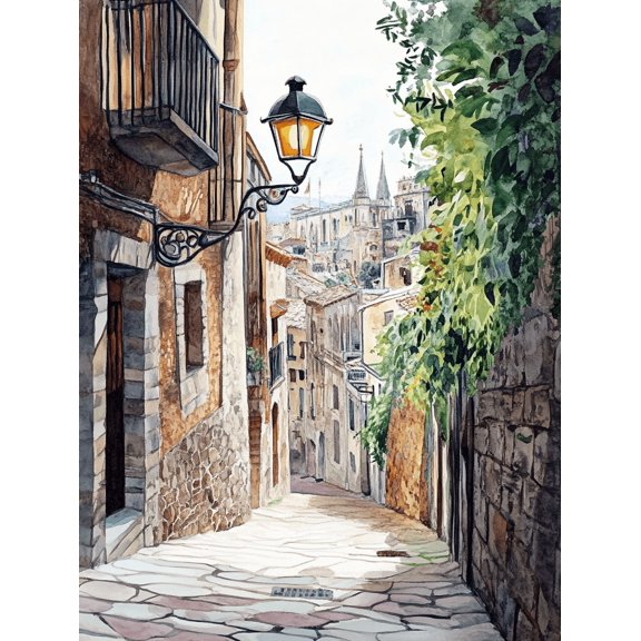 European Street Scene Watercolor Painting/Canvas Print, Suitable for Living Room,Dining Room, Hallway, Office Decoration