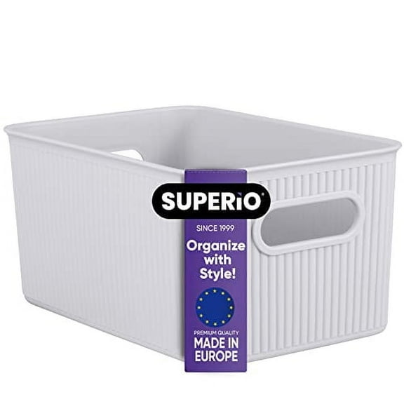 Superio Small Ribbed Plastic Storage Basket Organizer, 5 Liter Stackable Classic Closet Storage Bin for Shelf, Desk, Pantry- Store Toys, Clothes, Cosmetics, Stationary – White Smoke
