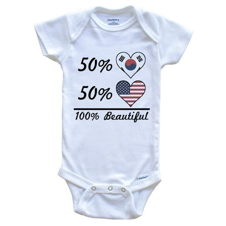 

50% Korean 50% American 100% Beautiful South Korea Flag Heart Baby Bodysuit 0-3 Months White