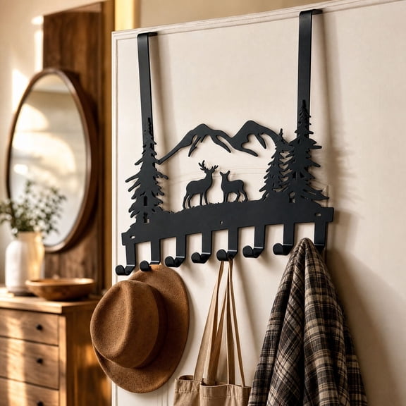 Over the Door Hook Hanger, Iron Deer Forest Design Coat Rack with No Drill Installation and Rustic Finish, for Bags Coats Hats Entryway Organizer and Space Saving Storage