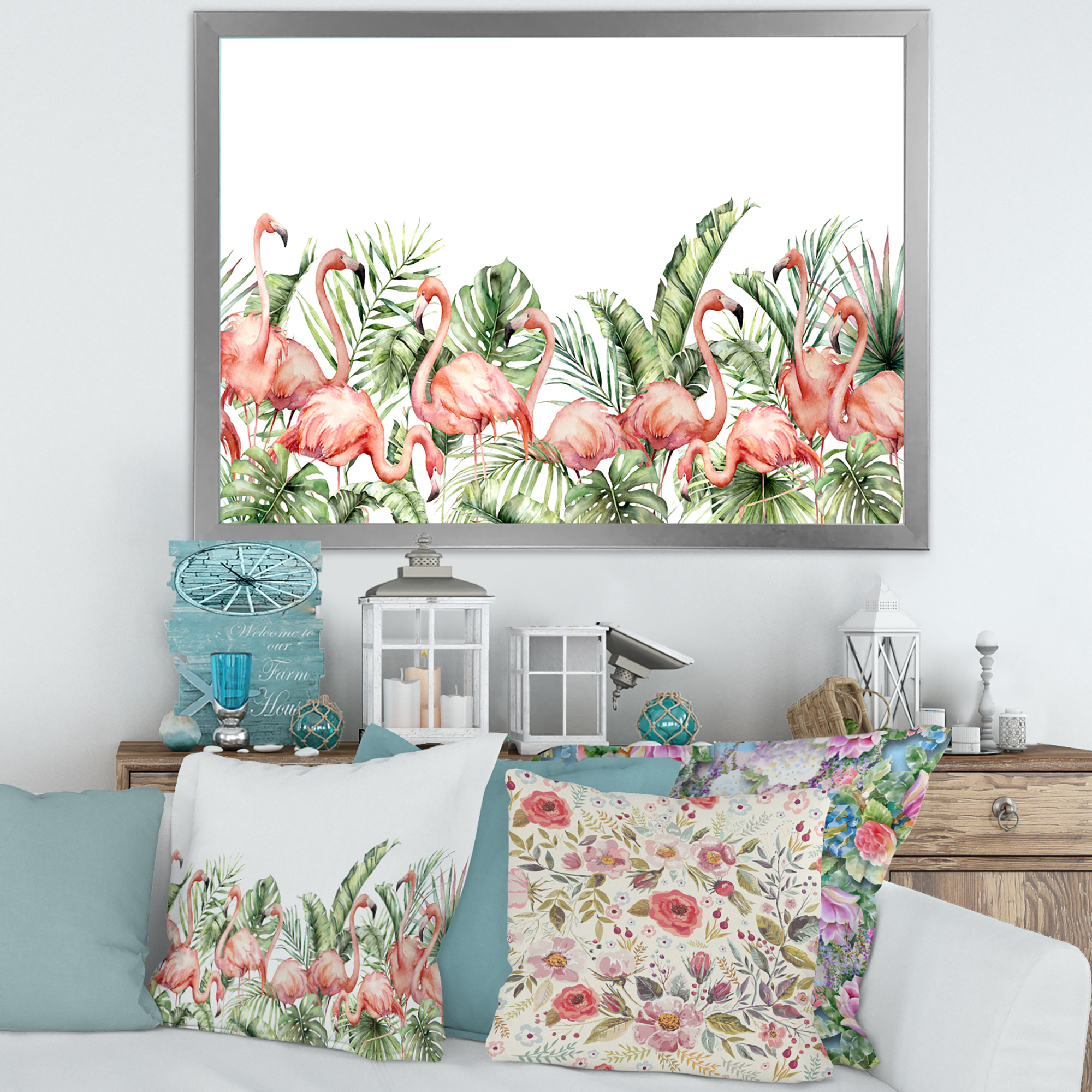 Designart 'Palm Leaves and Pink Flamingos Tropical Birds' Traditional Framed Art Print