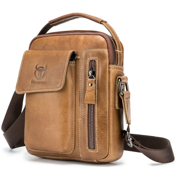 BULLCAPTAIN Vintage Style Genuine Leather Crossbody Bag for Men, Light Brown, Multiple Pockets, Ideal for Travel, Business & Casual Use