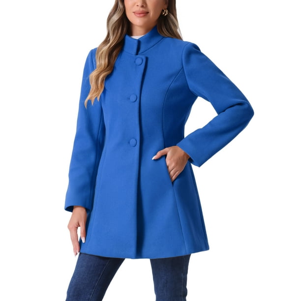 Abrigo de mujer Inspire Chic de longitud media, con cuello alto, de un solo botón, abrigo de invierno, color azul marino L