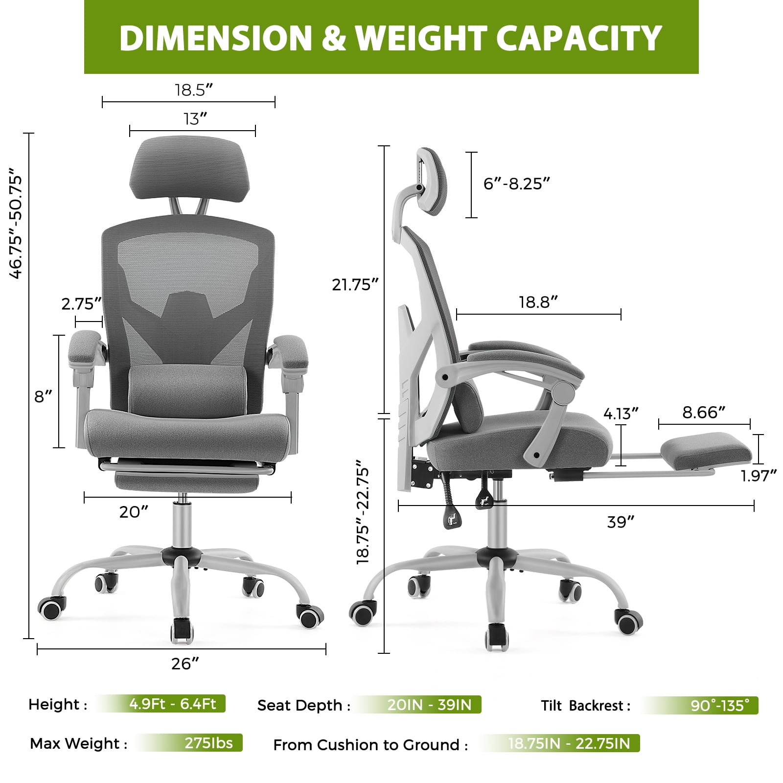 EDX Ergonomic High Back Office Chair with Reclining & Lumbar Support, Adjustable Headrest, Footrest, Padded Arms, Gray