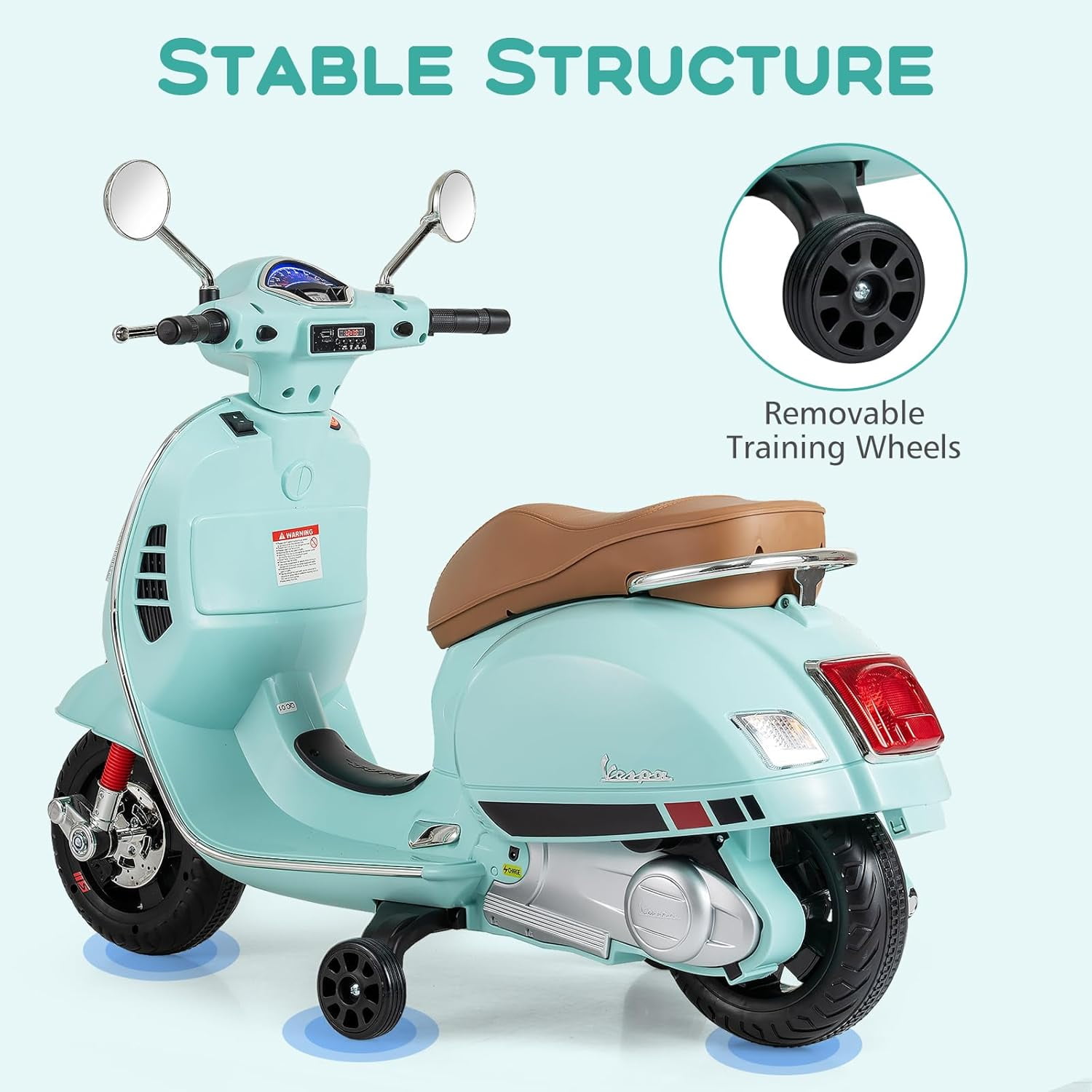 Licensed Vespa 12V Kids Motorcycle by OLAKIDS with Training Wheels, Music, Story, Horn, Lights for 3-6 Years