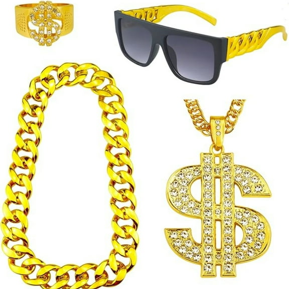 CCF 70s 80s 90s Hip Hop Adulds Costume Acessories, Fake Gold Chain Money Chain, Punk Sunglasses, Ring for Men Women Rapper Accessories ,4pcs