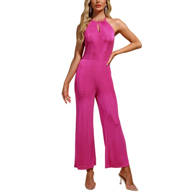 Mono Halter Neck INSPIRE CHIC para fiesta de mujeres sin mangas, cintura alta, piernas anchas, color rosa intenso