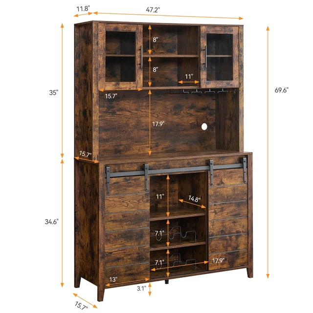 70'' Tall Farmhouse Coffee & Wine Bar Cabinet – Sliding Barn Doors, Storage Hutch, Wine & Glass Rack – Freestanding Buffet Sideboard for Dining Room, Kitchen, or Home Bar – Brown | System default_3