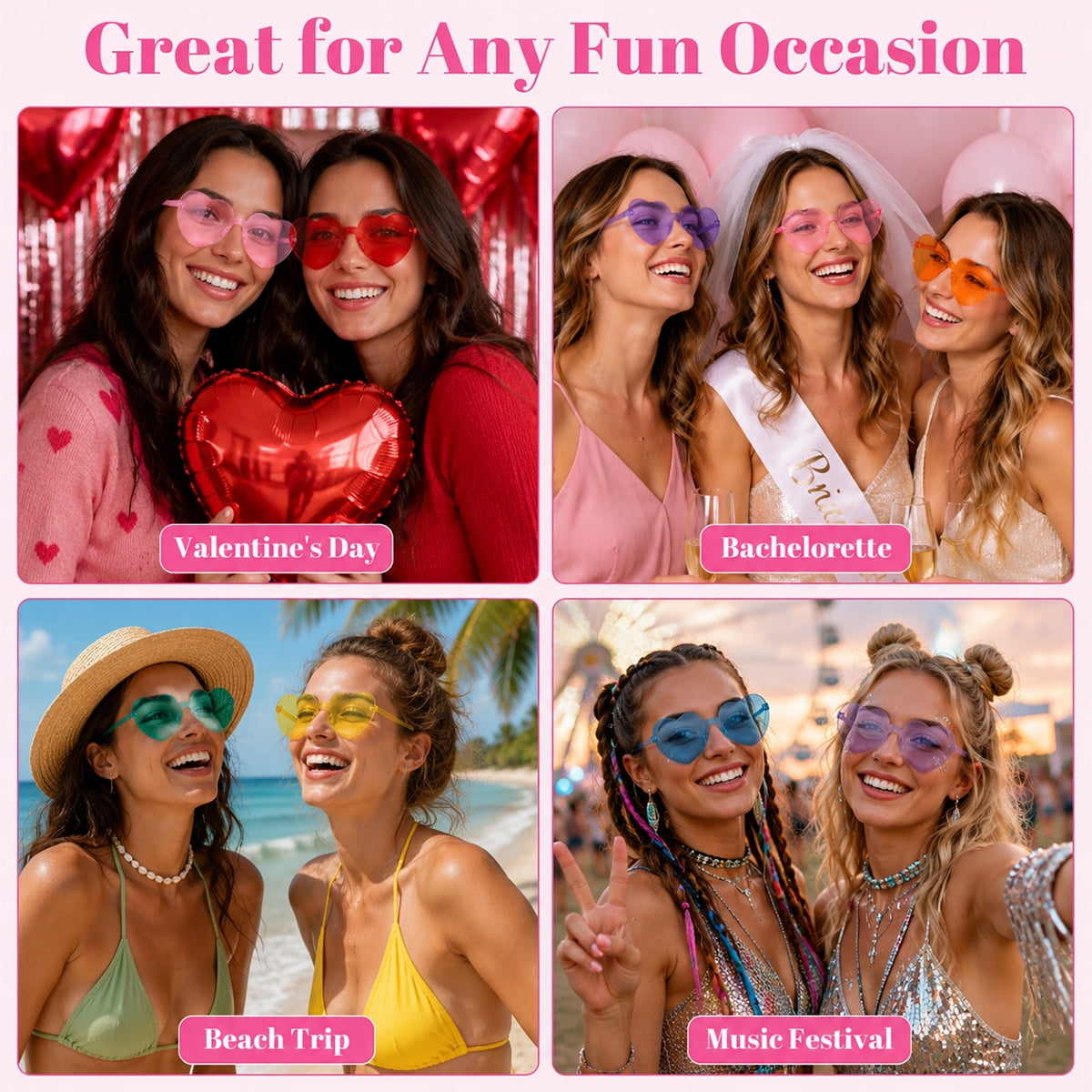 Heart Glasses for Women Valentine Party Glasses Fun Trendy Heart Shaped Glasses for Birthday Wedding Bachelorette Party Favor Mixed Color 12PCS
