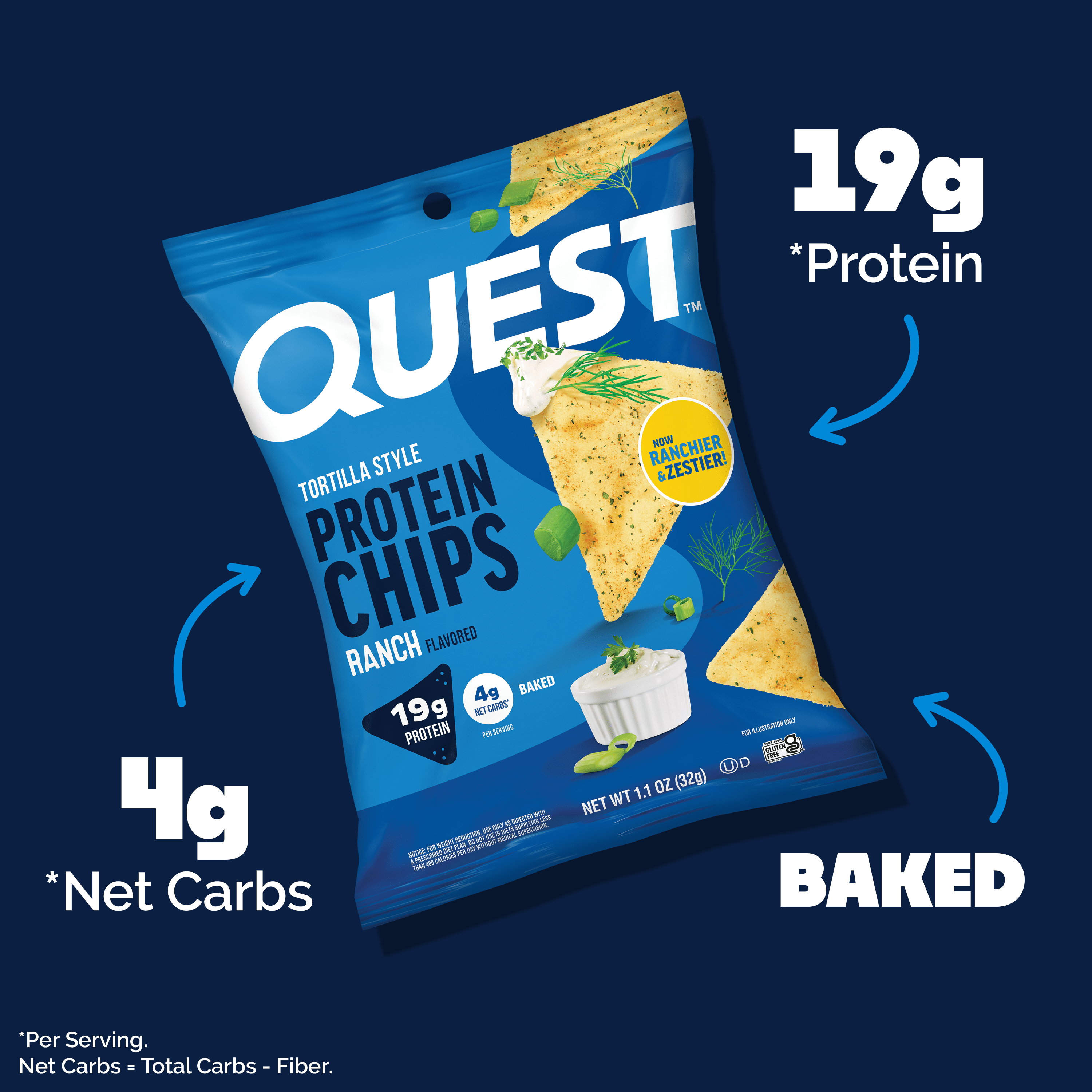 (4 pack) Quest Tortilla Style Protein Chips with 19g of Protein, Ranch Flavor, 1.1 Oz, Single