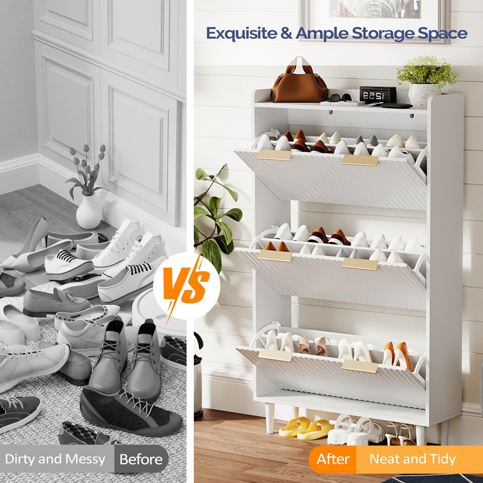 3-Drawer Shoe Cabinet with Top Grille Panel MDF Door Panels with Thermoforming + Champagne Gold Door Seams and Handles + Conical White Legs for the Shoe Cabinet, 31.61*9.45*52.95in, White