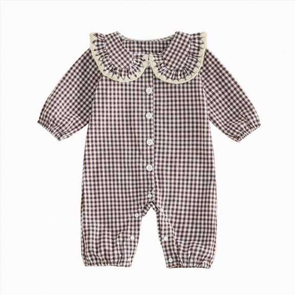 mgoYE Fall Baby Girl Clothes Long Sleeve Romper Peter Pan Collar Jumpsuit Infant Newborn Outfits Gingham Outfit(Coffee,6-9 Months)