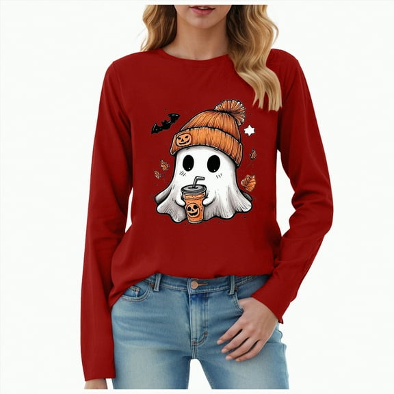 Godom Women's Halloween Tunic Tops Casual Long Sleeve Shirts Round Neck Pullover Ghost Pattern T Shirt