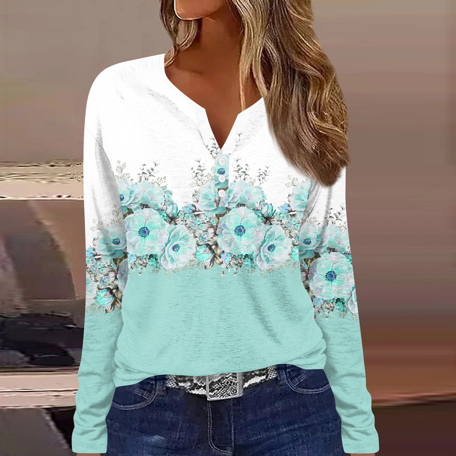 YDKZYMD Fishing Shirts For Women Long Sleeve Floral Tie Dye Oversized  Shirts Casual Athletic Button Up Tunic Tops Long Sleeve Plus Size Henley  Blouses Cyan XL 