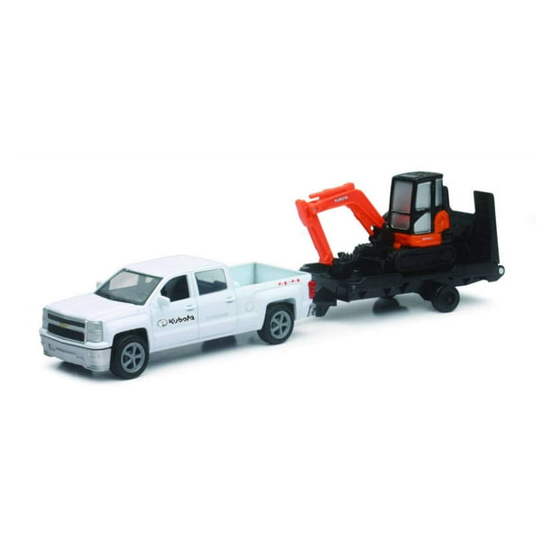 New Ray Nueva colección NEWRAY KUBOTA de 10 pulgadas - Excavadora Kubota KX040 con camioneta y remolque Ford F-250 Super Duty blanco (naranja negro) Modelo de juguetes