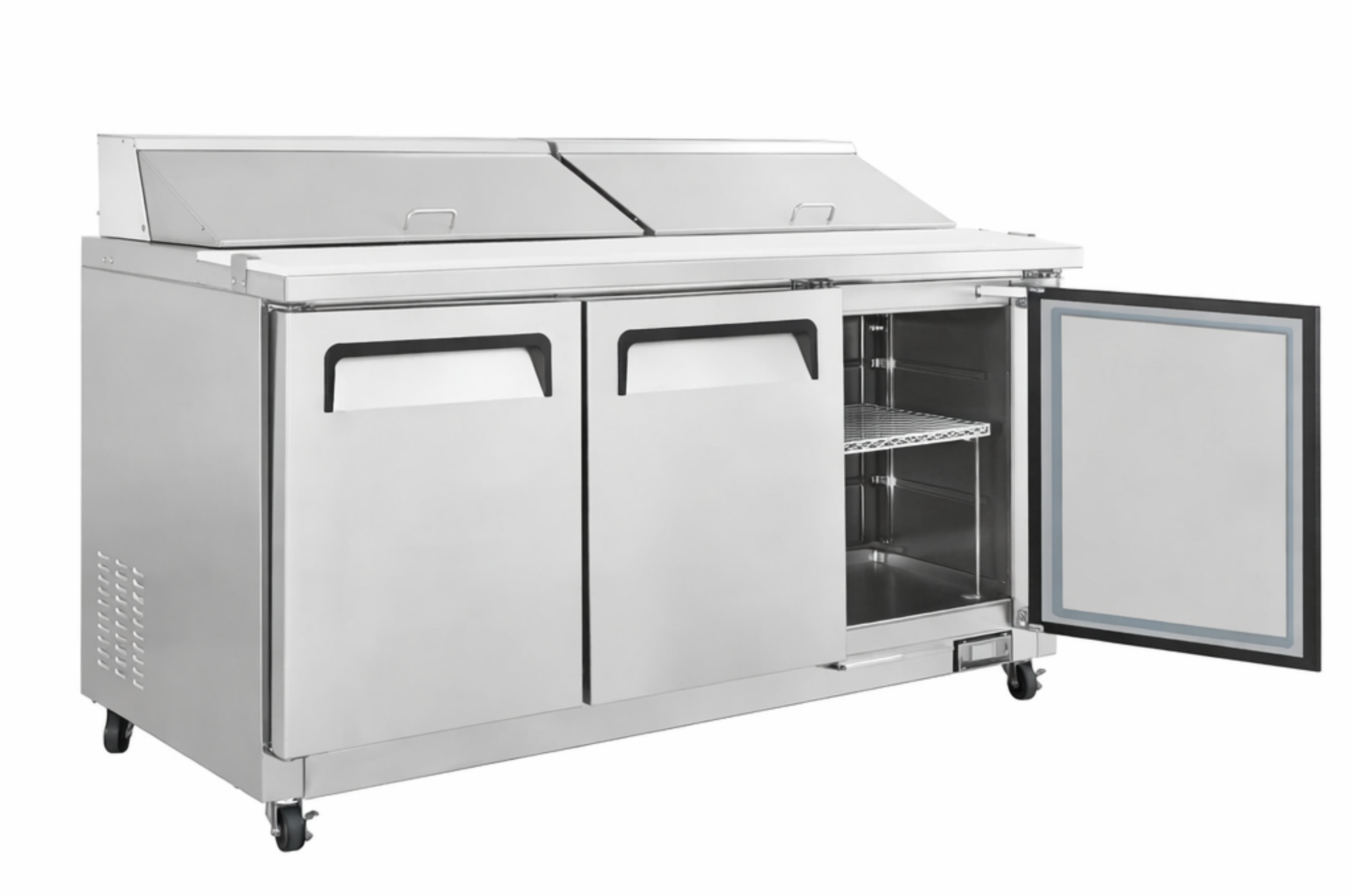 72 in. Commercial Sandwich Prep Table Refrigerator, 18 Cu.Ft., 20 x 1/6 Pan Capacity, Dual Lids, 3-Door, Stainless Steel, NSF Certified