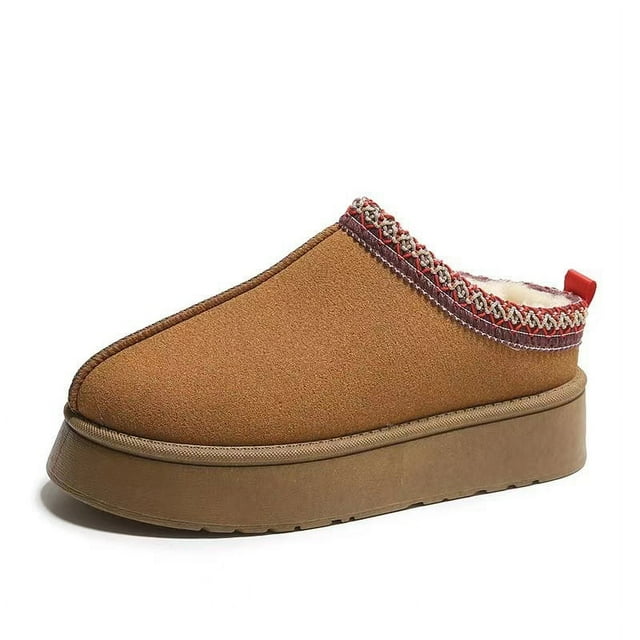 Zapatillas de algodón con punta cerrada, sin tacón y plataforma cálidas y forradas de vellón de estilo europeo y americano para invierno