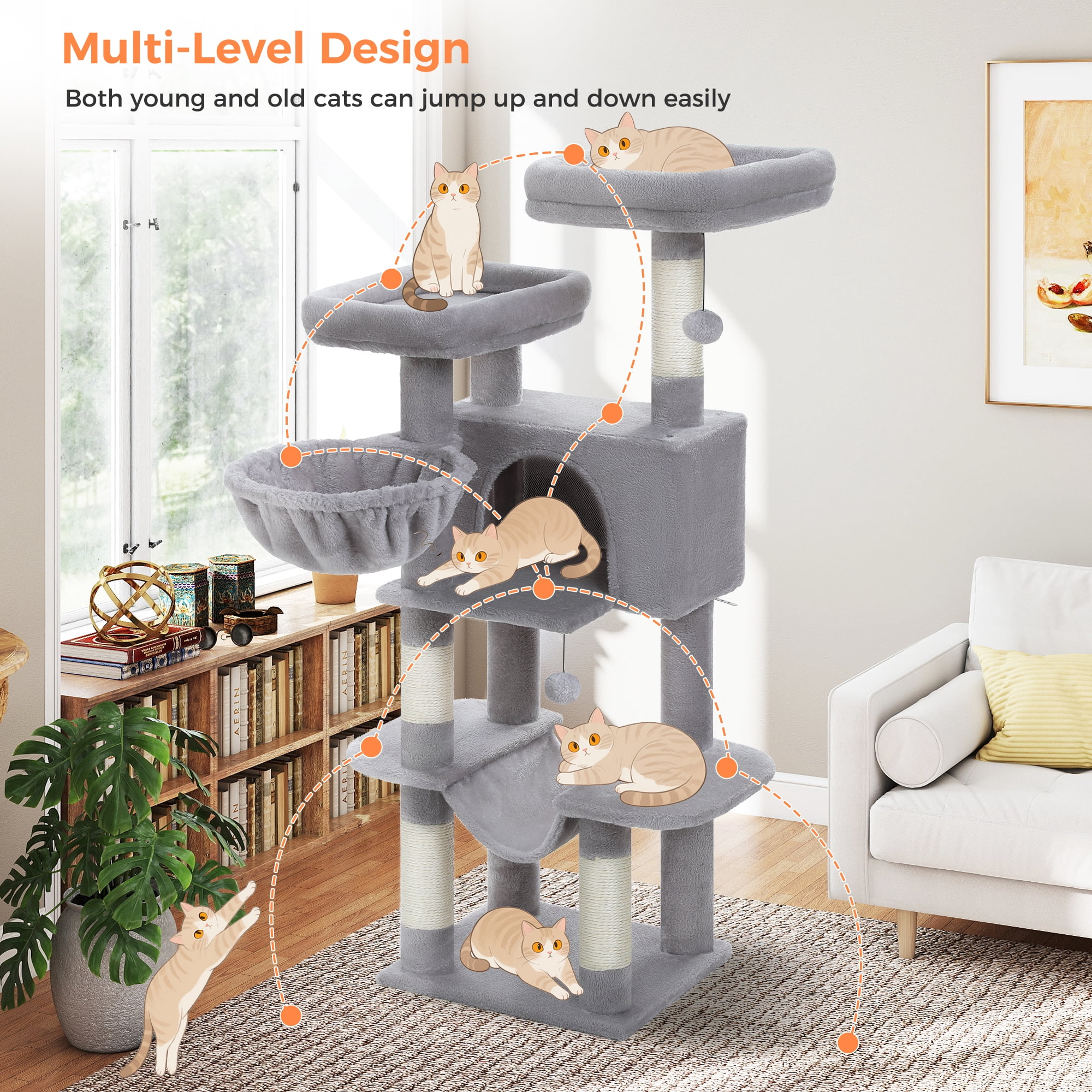 PAWZ Road 46.5" Large Cat Tree Multi-Level Cat Tower with Top Perchs&Big Condo Indoor Gray