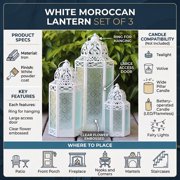 Moroccan Candle Lantern Decorative Set of 3 for Floor, Ramadan Decorations, Indoor Home Decor, Outdoor Patio or Porch, Weddings, White