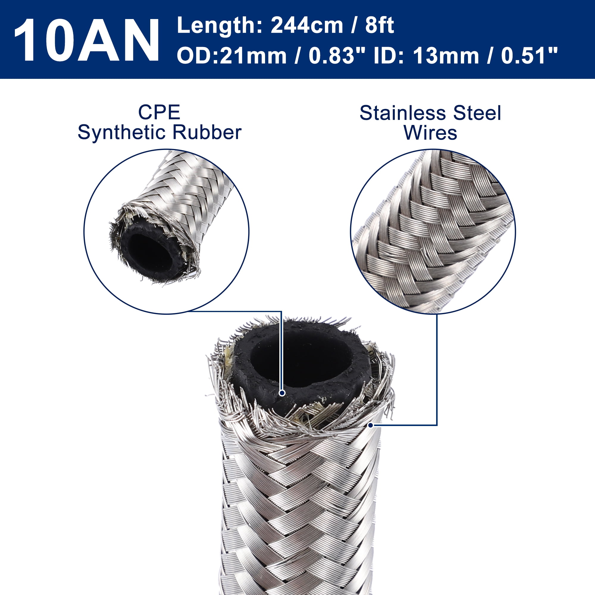Unique Bargains 8ft 10AN Fuel Hose AN10 Universal Car Braided Stainless Steel CPE Oil Fuel Gas Line Hose Silver Tone