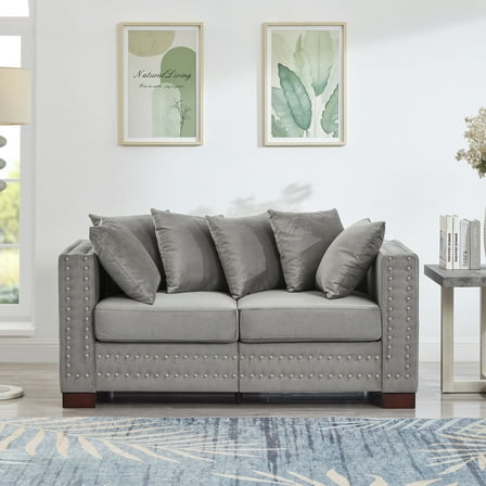 Modern Velvet Loveseat Sofa with Square Armrests and Silver Nailhead Trim, Upholstered 2-Seater Couch for Living Room, Apartment, or Bedroom, Stylish and Compact Seating (Gray)