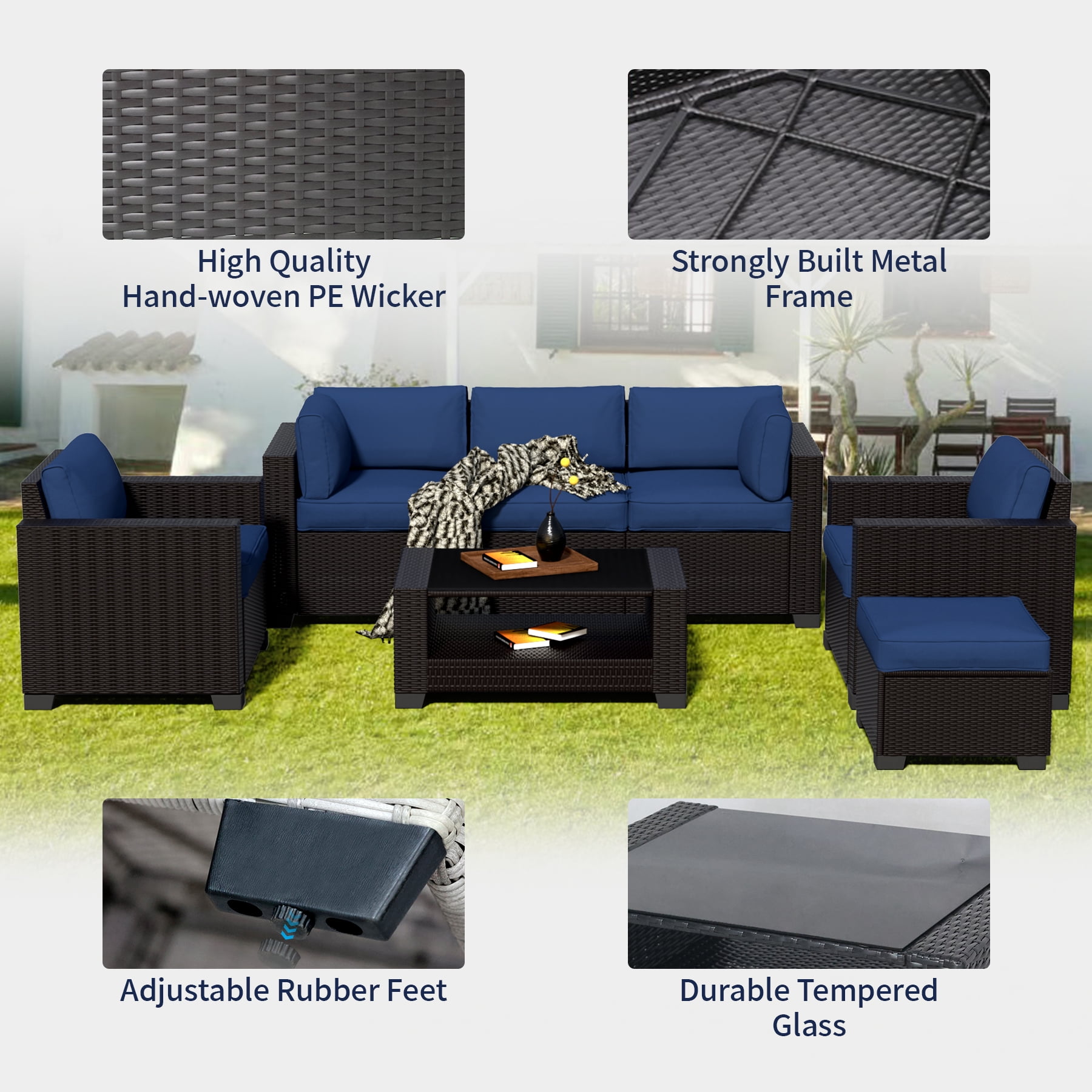 7-Piece Outdoor Sectional Patio Furniture Set, All-Weather Wicker Rattan Sofa with Thick Washable Cushions & Tempered Glass Table, Perfect for Garden, Poolside, Backyard (Navy blue)