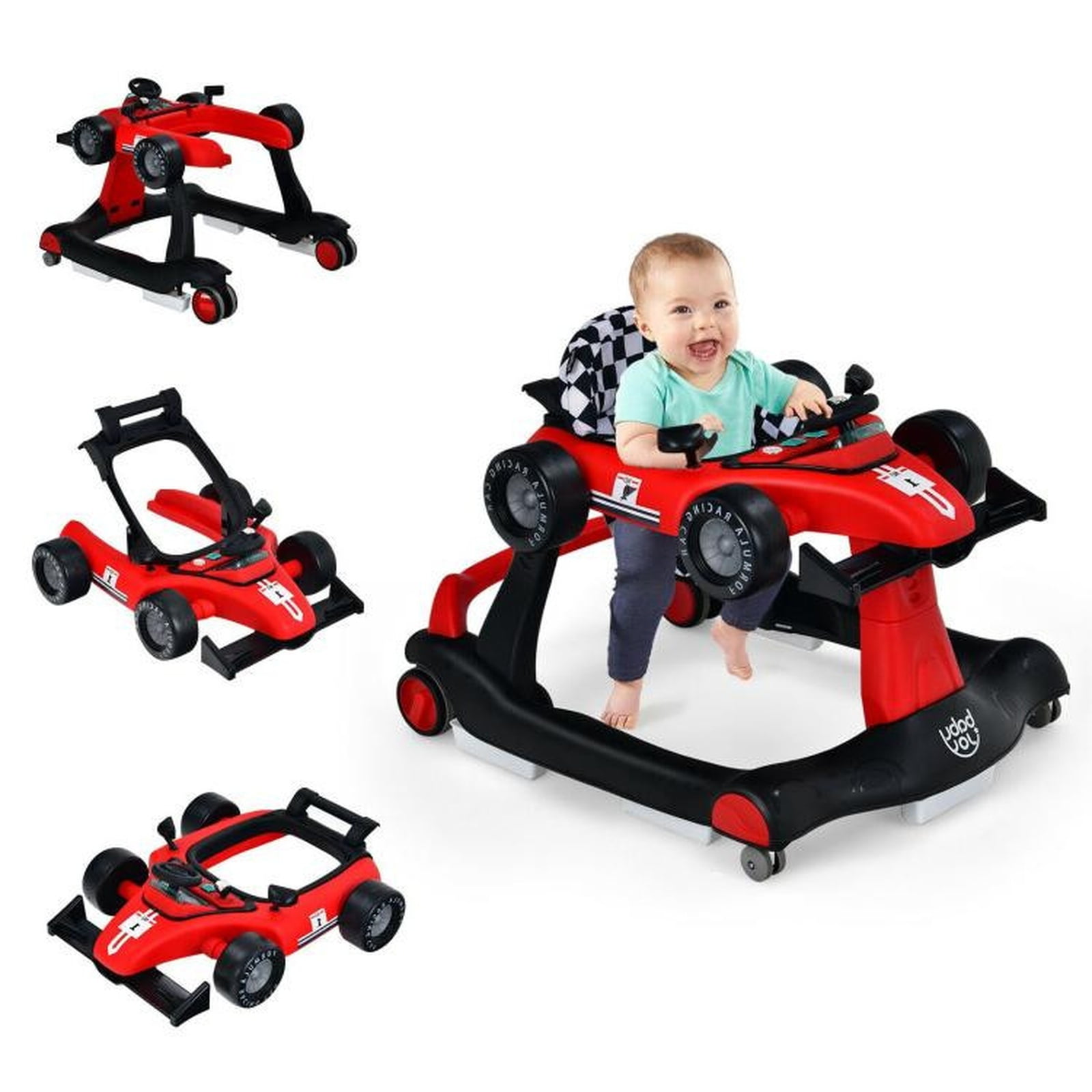 Redsmile 4-in-1 Baby Walker with Wheels, Foldable Activity Push Walker with 3 Adjustable Heights Music Lights and Toy Car Mode for Baby Boys Girls 6-18 Months, Christmas Gift, Red