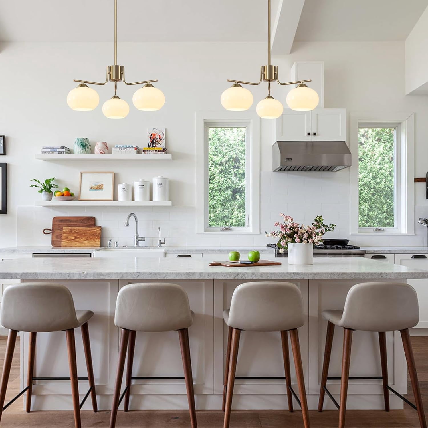 KCO Lighting Mid Century Modern Globe Pendant Light 3-Light Milk Glass Chandelier Gold Sputnik Chandelier Light Fixture Brushed Brass Pendant Lighting for Kitchen Island (3-Light)