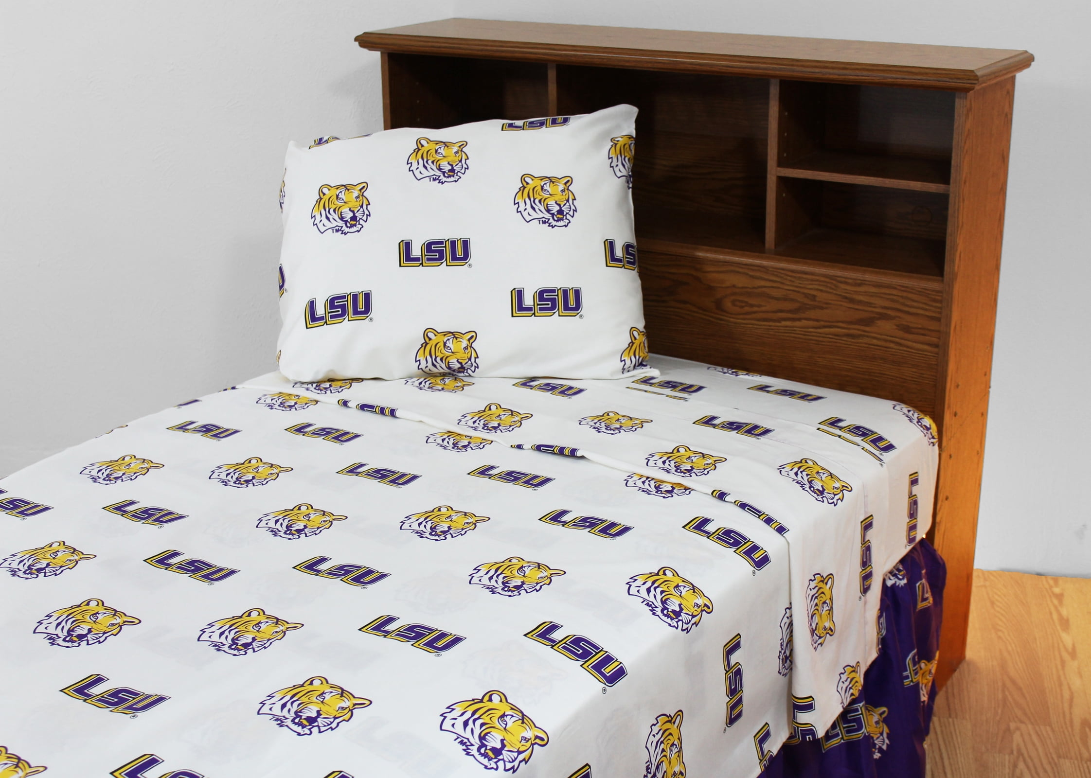 LSU Tigers 100% cotton, 4 piece sheet set - flat sheet, fitted sheet, 2 pillow cases, King, White