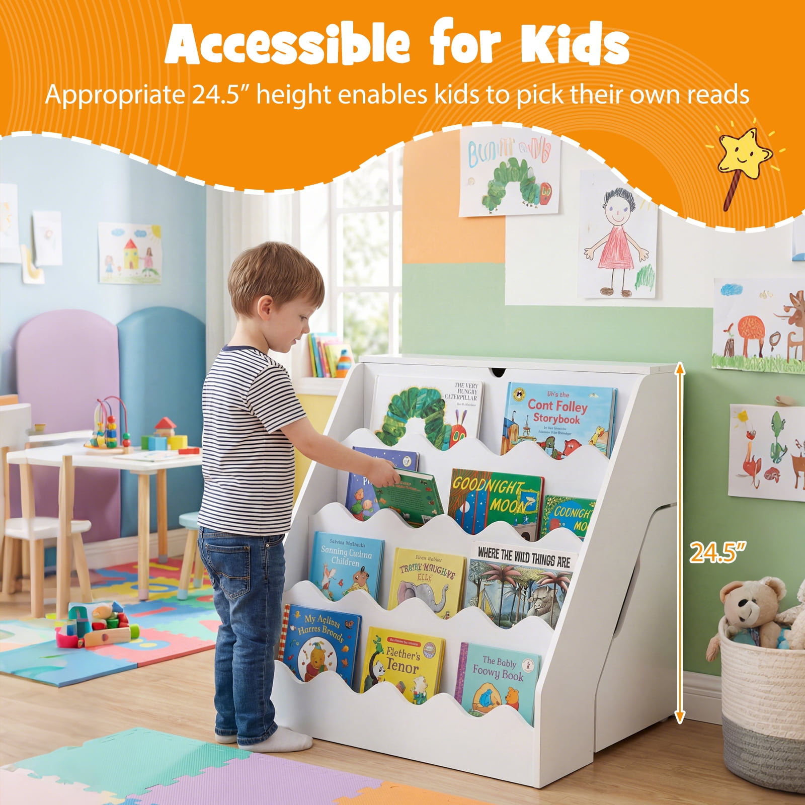 Costway Kids’ Bookshelf & Toy Storage Organizer with Rolling Drawer Cart, 4 Tier Book Shelf White