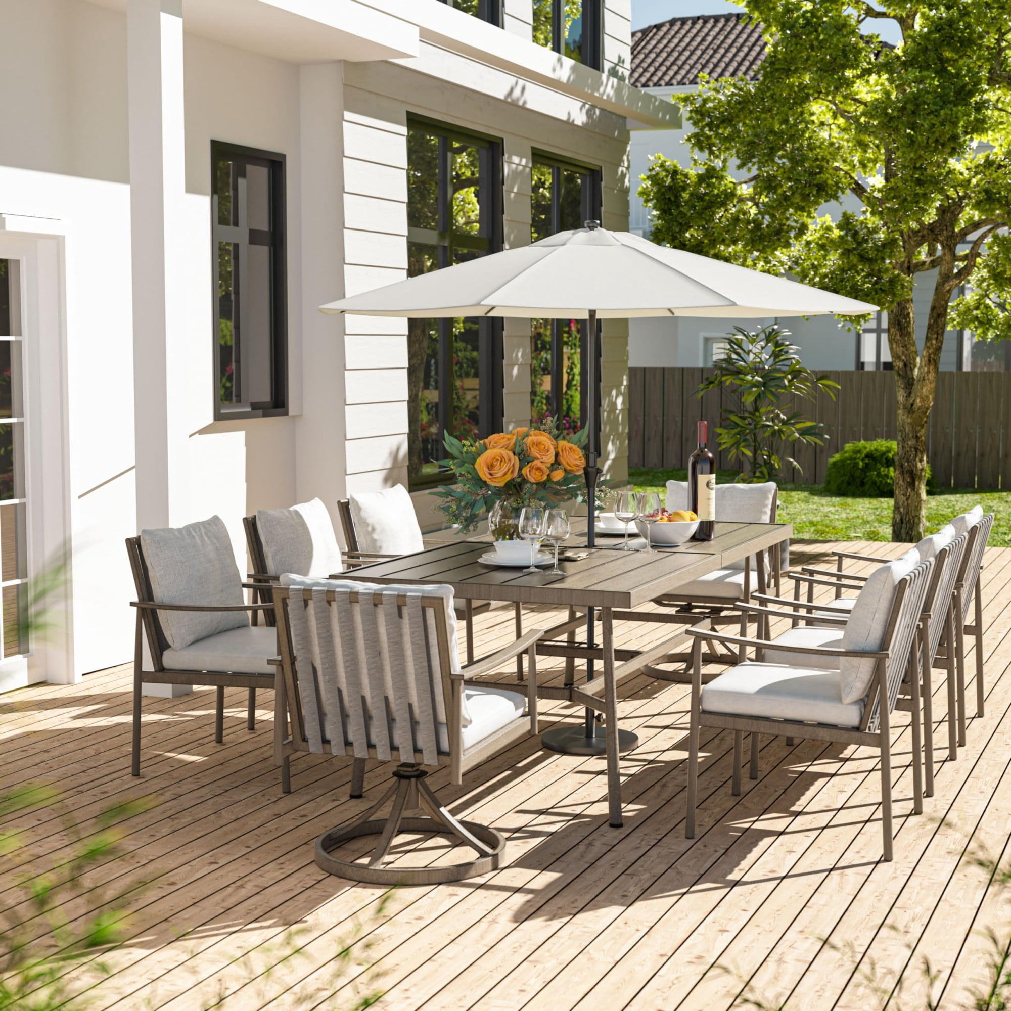 Patio Dining Table for 8, 84 Inch Outdoor Aluminum Table with Umbrella Hole, All Weather Rectangle Patio Table for Backyard Garden Poolside Deck, Dark Gray