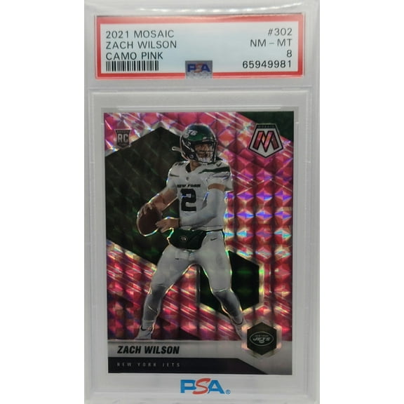 Zach Wilson Jets 2021 Panini Mosaic Camo Pink Prizm Rookie Card #302 PSA 8