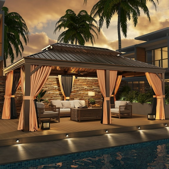 JolyDale 12' x 20' Hardtop Gazebo, Outdoor 2-Tier Galvanized Roof Canopy, Aluminum Frame Permanent Pavilion with with Netting and Curtains for Garden, Patio, Lawns, Brown