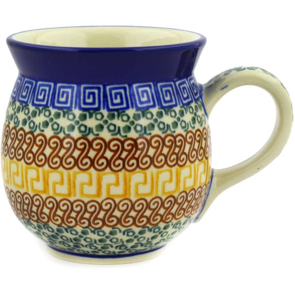 Authentic Polish Pottery Bubble Mug 16 oz in Grecian Sea Design Handmade in Boles?awiec Poland by Ceramika Artystyczna + Certificate of Authenticity