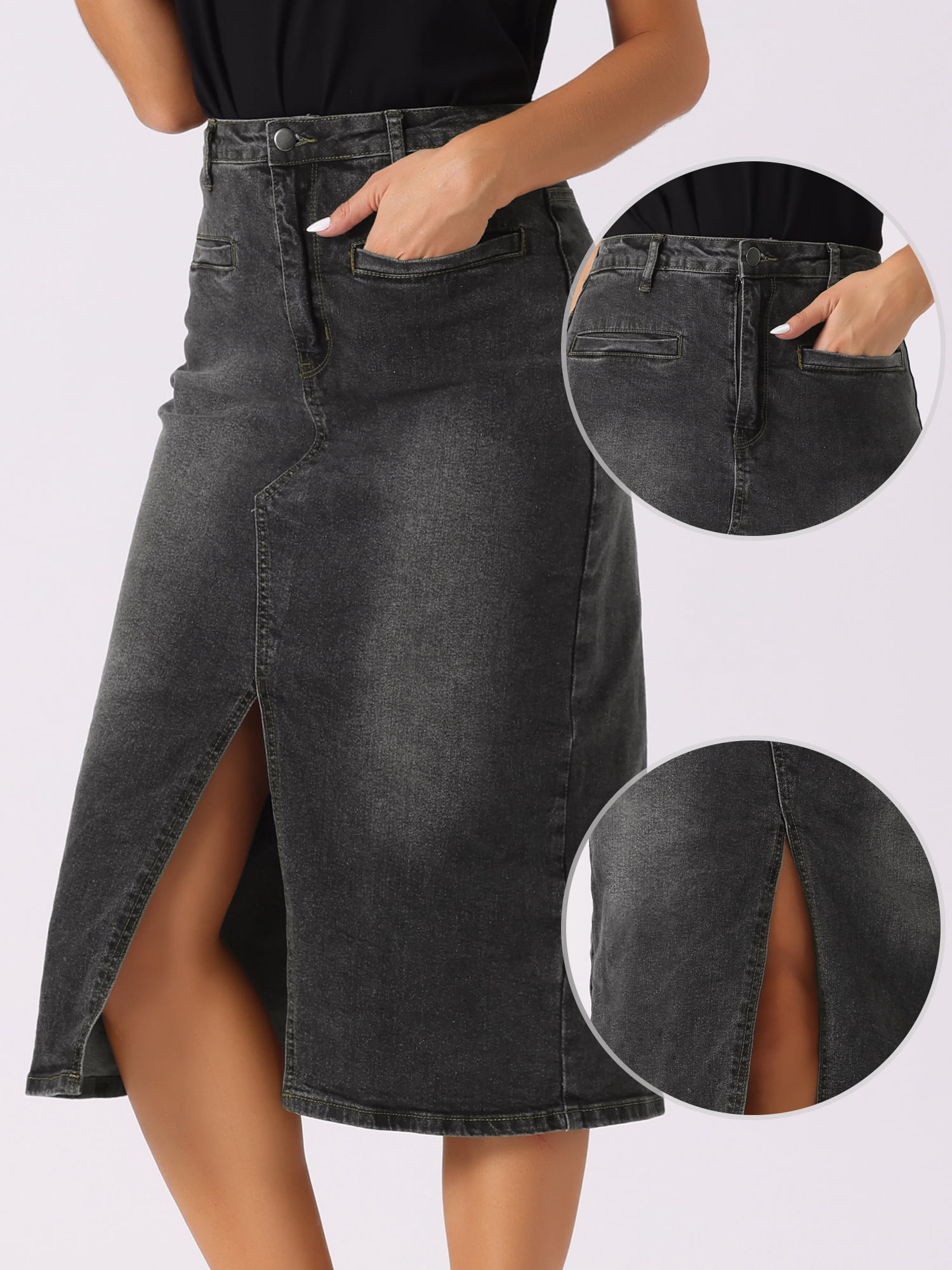 DARING DIVA Women's Slit Front Washed Jean Midi Skirts with Pockets S Dark Gray
