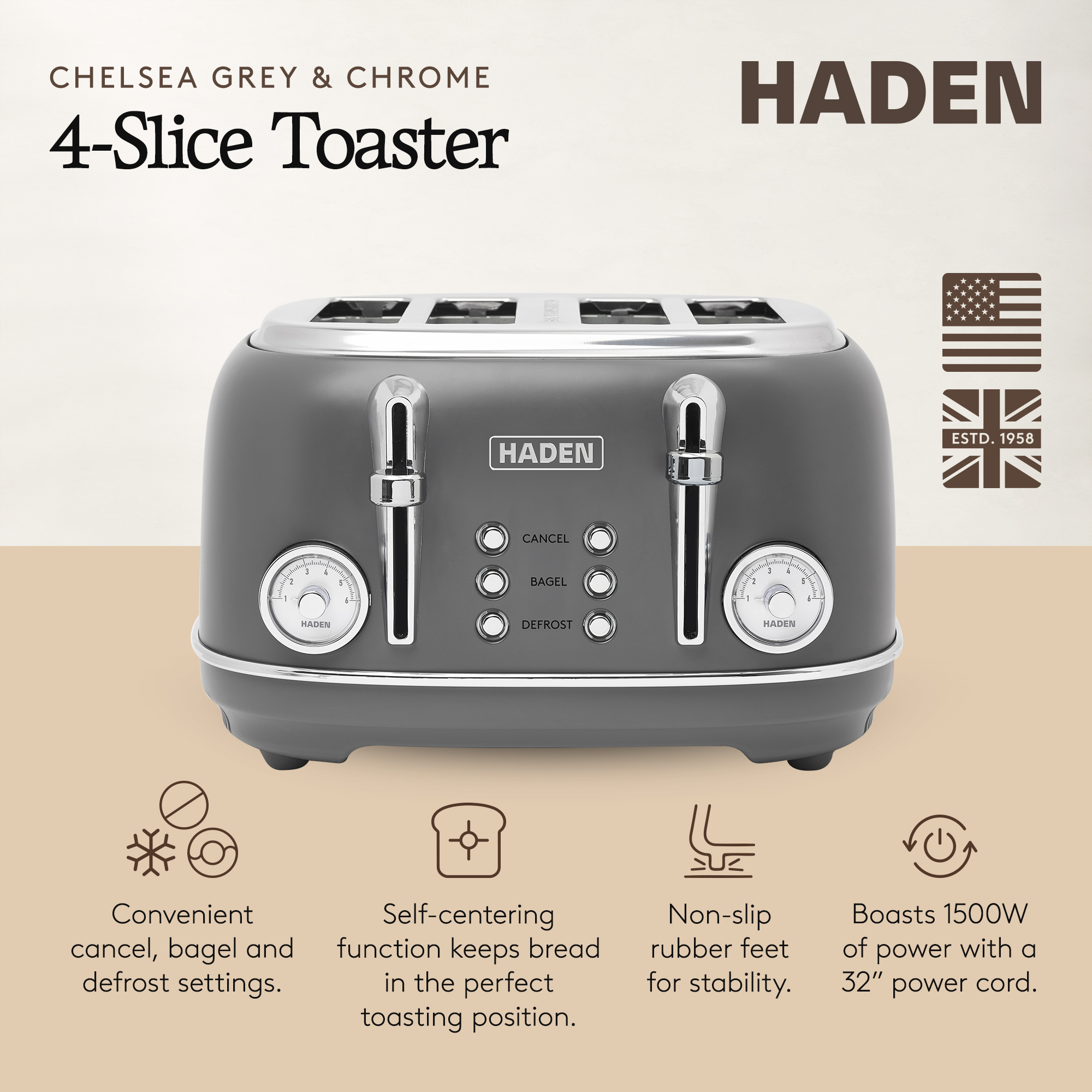 Haden Chelsea Stainless Steel 4 Slice Toaster w/Extra Wide Slots, Grey