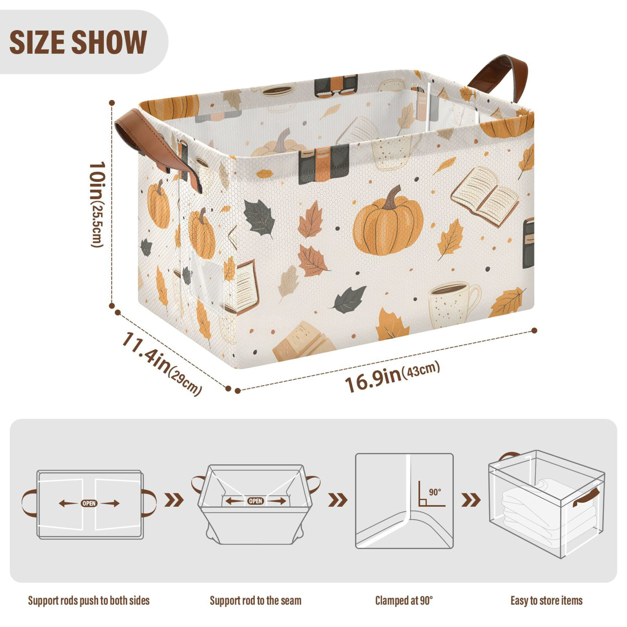 Yayeee Foldable Storage Basket for Shelves with Handles Waterproof Cloth Bins, Beige Fall Pumpkin