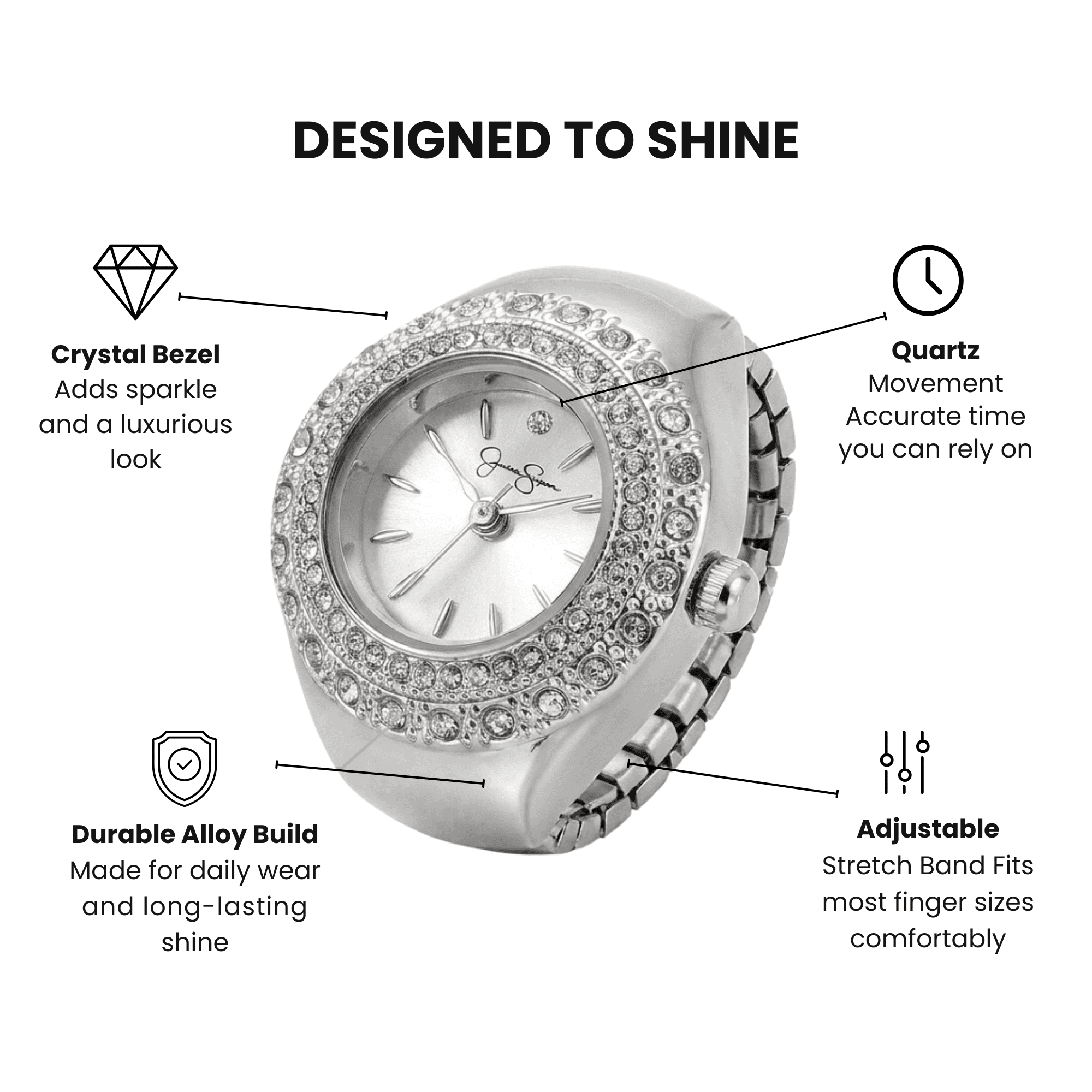 Jessica Simpson Women's Silver Adjustable Ring Watch – Crystal Bezel, Quartz Analog Mini Dial, Stretch Band Fashion Jewelry Accessory