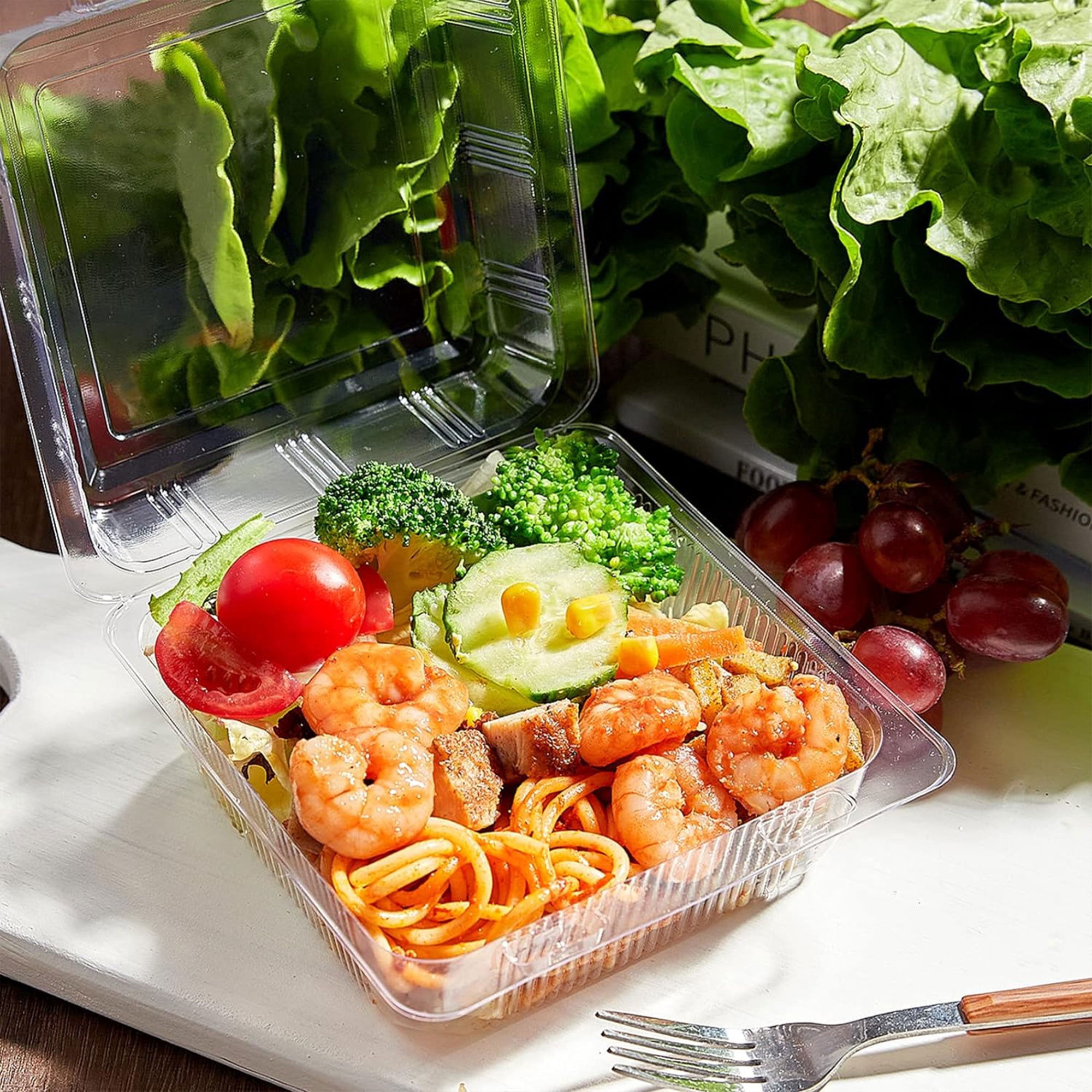 Tripumer 100 PCS Clear Plastic Food Containers Square Hinged Takeaway Containers Disposable Cake Containers with Lids Stackable Lunch Boxes Suitable for Salads Pasta Sandwiches Cookies