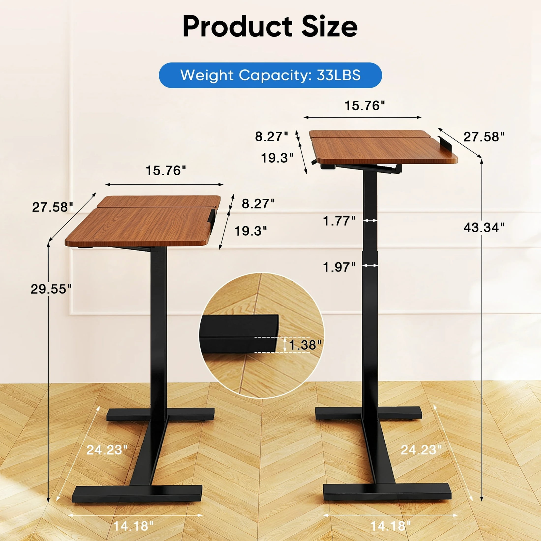 ZUNMOS Overbed Bedside Lap Desk with Wheels and Tilt Top, Mobile Standing Lap Desk Pneumatic Adjustable Height for Home Office Bedroom Sofa, Brown